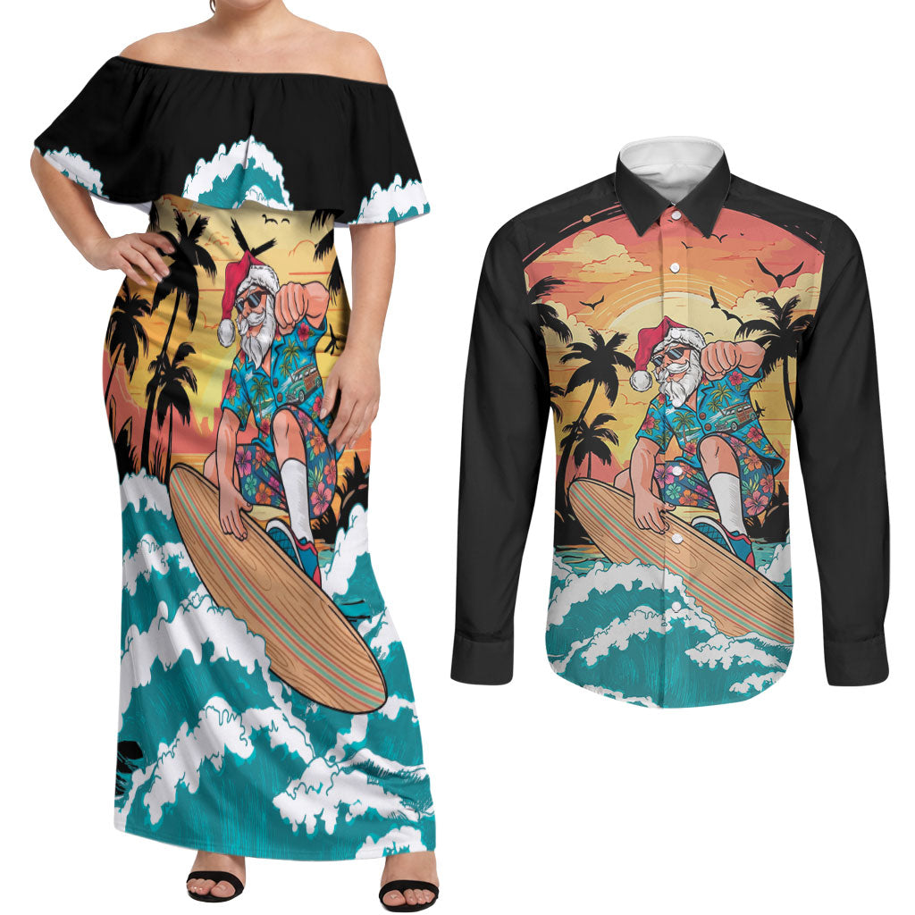 Vintage Santa Claus Surfing Summer Couples Matching Off Shoulder Maxi Dress and Long Sleeve Button Shirt Mele Kalikimaka i Iulai! LT9 Black - Polynesian Pride