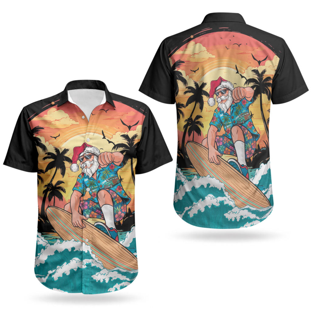 Vintage Santa Claus Surfing Summer Couples Matching Off Shoulder Short Dress and Hawaiian Shirt Mele Kalikimaka i Iulai! LT9 - Polynesian Pride