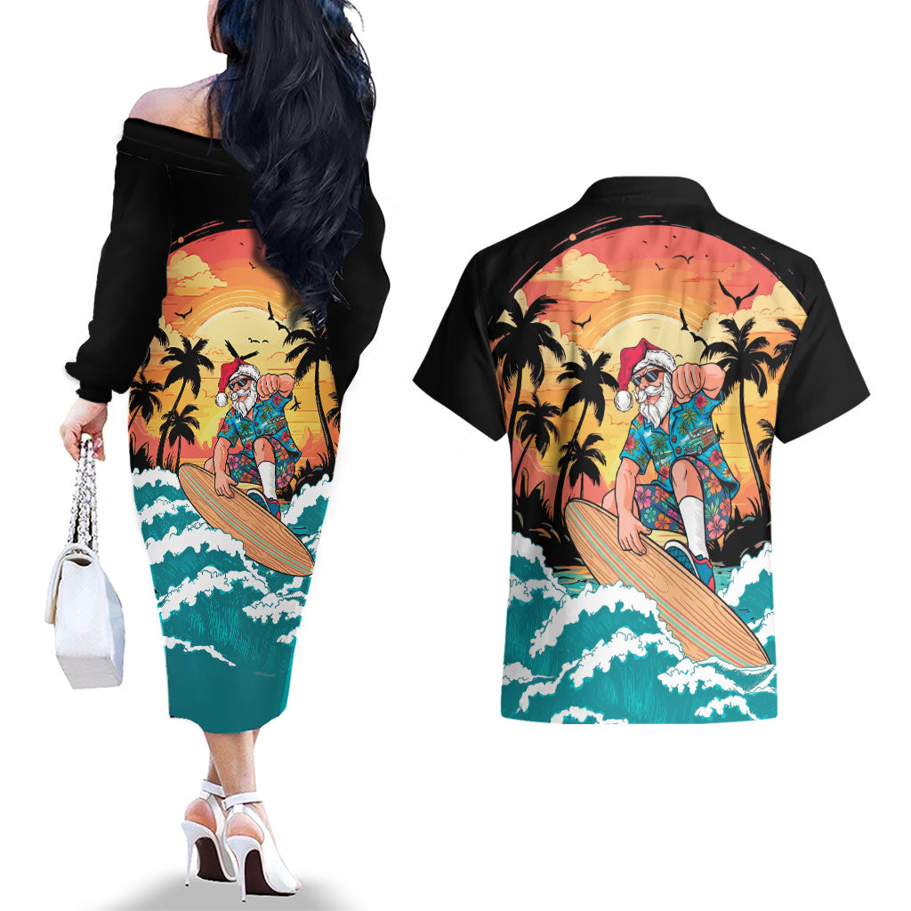 Vintage Santa Claus Surfing Summer Couples Matching Off The Shoulder Long Sleeve Dress and Hawaiian Shirt Mele Kalikimaka i Iulai! LT9 - Polynesian Pride