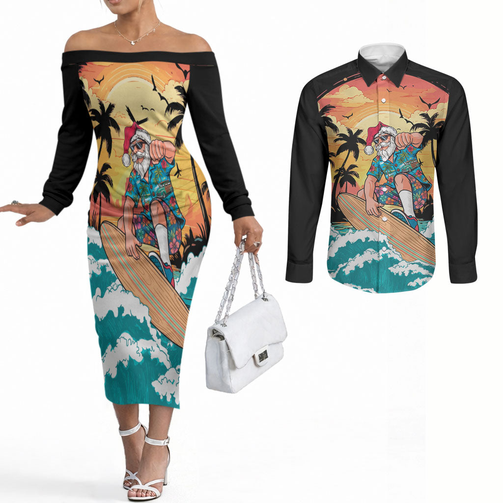 Vintage Santa Claus Surfing Summer Couples Matching Off The Shoulder Long Sleeve Dress and Long Sleeve Button Shirt Mele Kalikimaka i Iulai! LT9 Black - Polynesian Pride