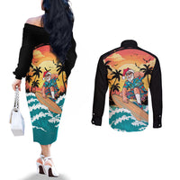 Vintage Santa Claus Surfing Summer Couples Matching Off The Shoulder Long Sleeve Dress and Long Sleeve Button Shirt Mele Kalikimaka i Iulai! LT9 - Polynesian Pride