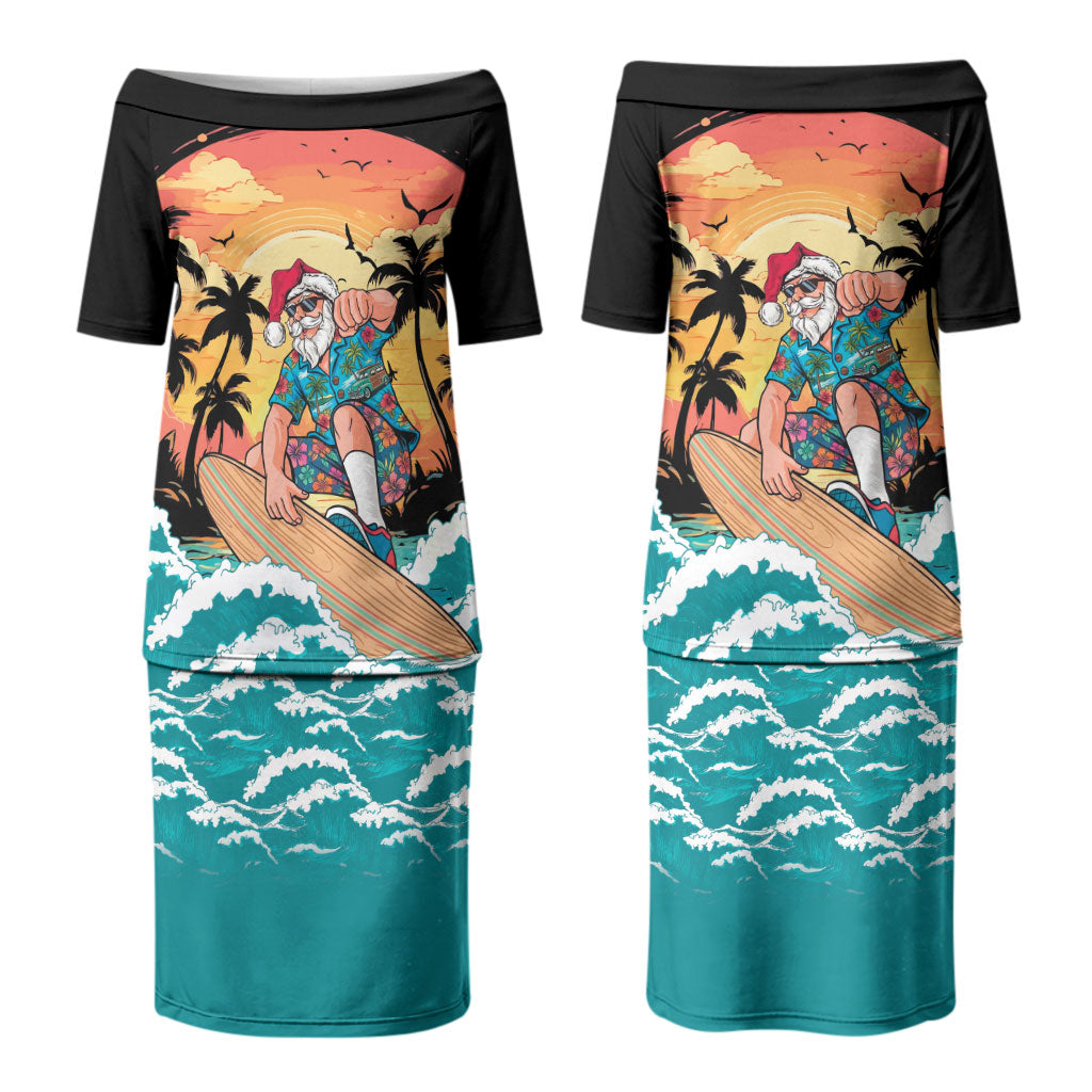 Vintage Santa Claus Surfing Summer Couples Matching Puletasi and Long Sleeve Button Shirt Mele Kalikimaka i Iulai! LT9 - Polynesian Pride