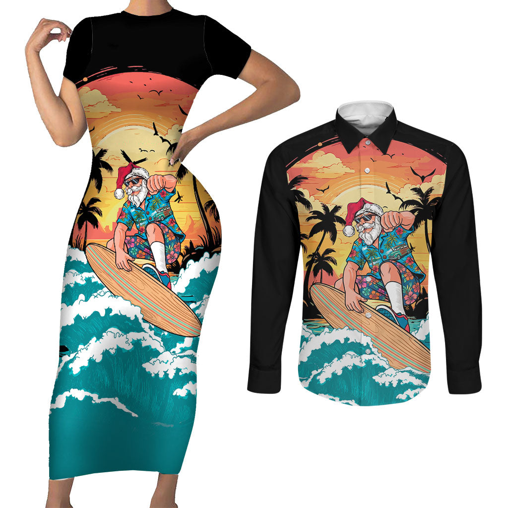Vintage Santa Claus Surfing Summer Couples Matching Short Sleeve Bodycon Dress and Long Sleeve Button Shirt Mele Kalikimaka i Iulai! LT9 Black - Polynesian Pride