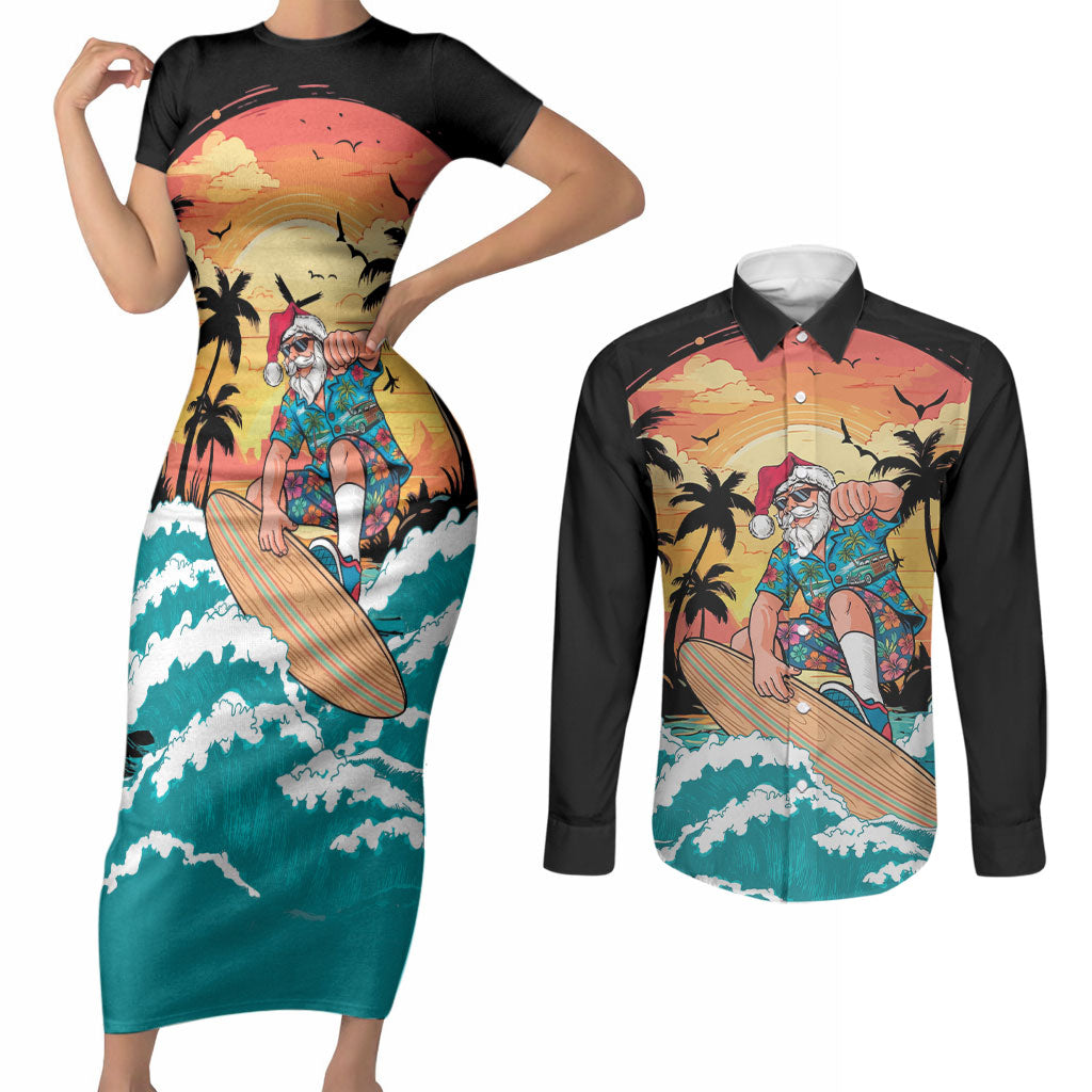 Vintage Santa Claus Surfing Summer Couples Matching Short Sleeve Bodycon Dress and Long Sleeve Button Shirt Mele Kalikimaka i Iulai! LT9 Black - Polynesian Pride