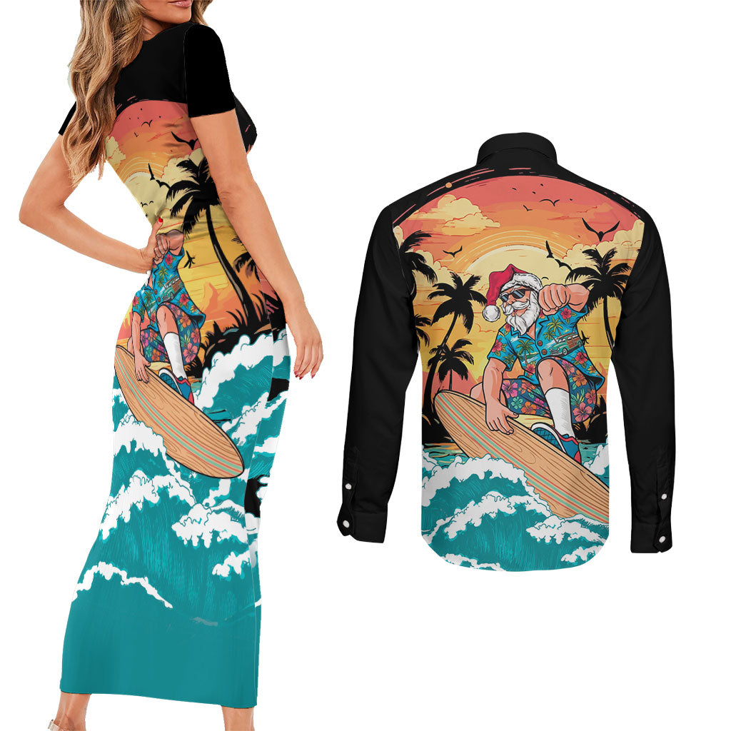 Vintage Santa Claus Surfing Summer Couples Matching Short Sleeve Bodycon Dress and Long Sleeve Button Shirt Mele Kalikimaka i Iulai! LT9 - Polynesian Pride