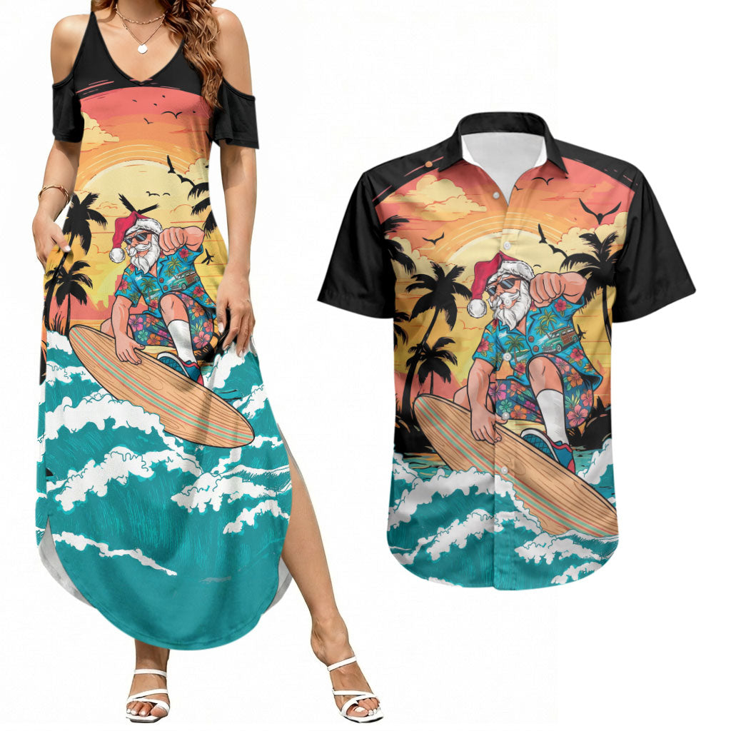 Vintage Santa Claus Surfing Summer Couples Matching Summer Maxi Dress and Hawaiian Shirt Mele Kalikimaka i Iulai! LT9 Black - Polynesian Pride