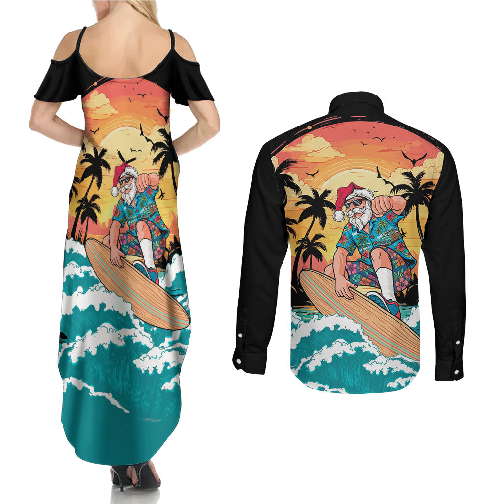 Vintage Santa Claus Surfing Summer Couples Matching Summer Maxi Dress and Long Sleeve Button Shirt Mele Kalikimaka i Iulai! LT9 - Polynesian Pride
