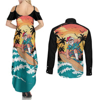 Vintage Santa Claus Surfing Summer Couples Matching Summer Maxi Dress and Long Sleeve Button Shirt Mele Kalikimaka i Iulai! LT9 - Polynesian Pride