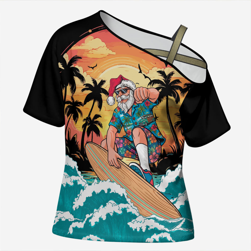 Vintage Santa Claus Surfing Summer Cross Shoulder Shirt Mele Kalikimaka i Iulai! LT9 Female Black - Polynesian Pride