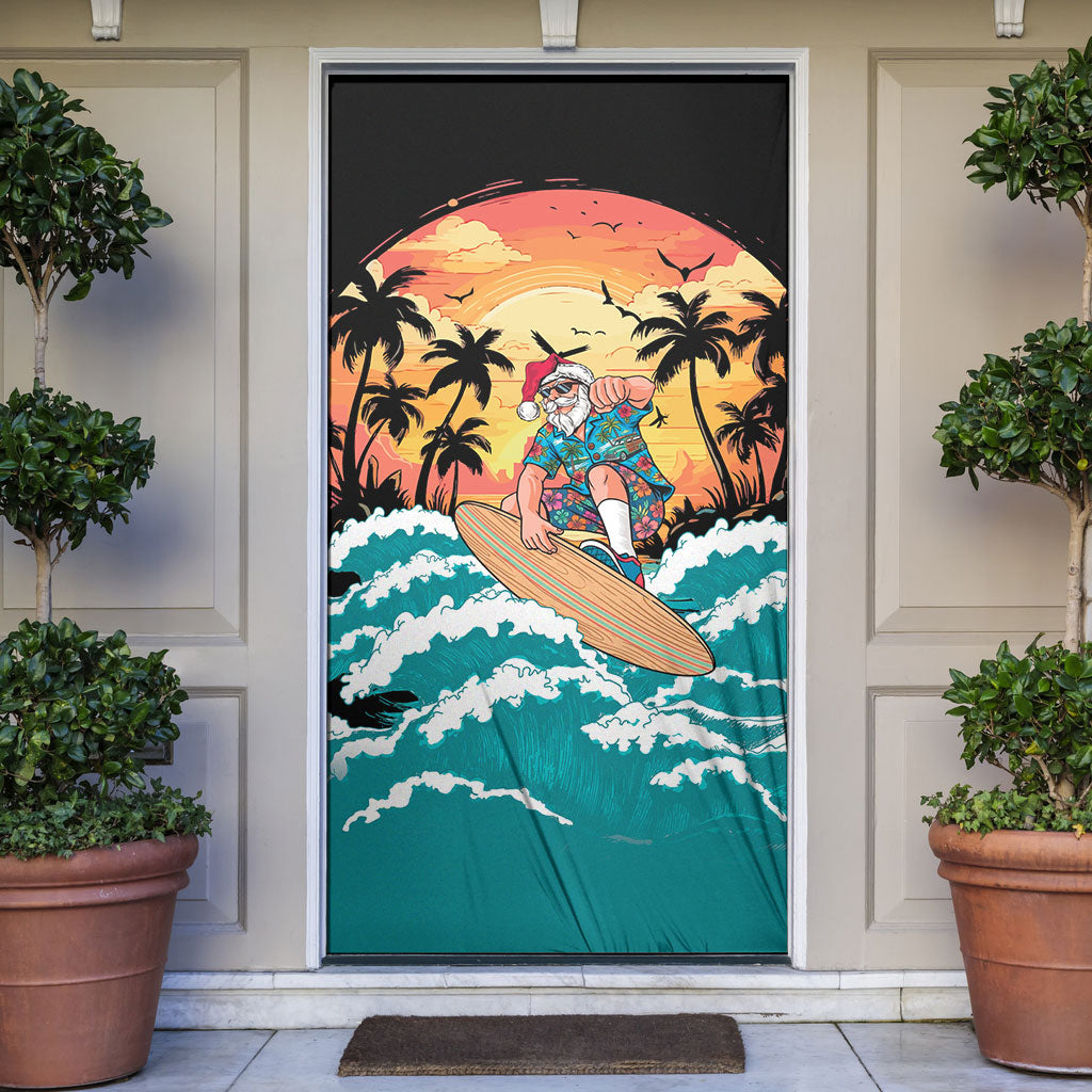 Vintage Santa Claus Surfing Summer Door Cover Mele Kalikimaka i Iulai! LT9 Black - Polynesian Pride