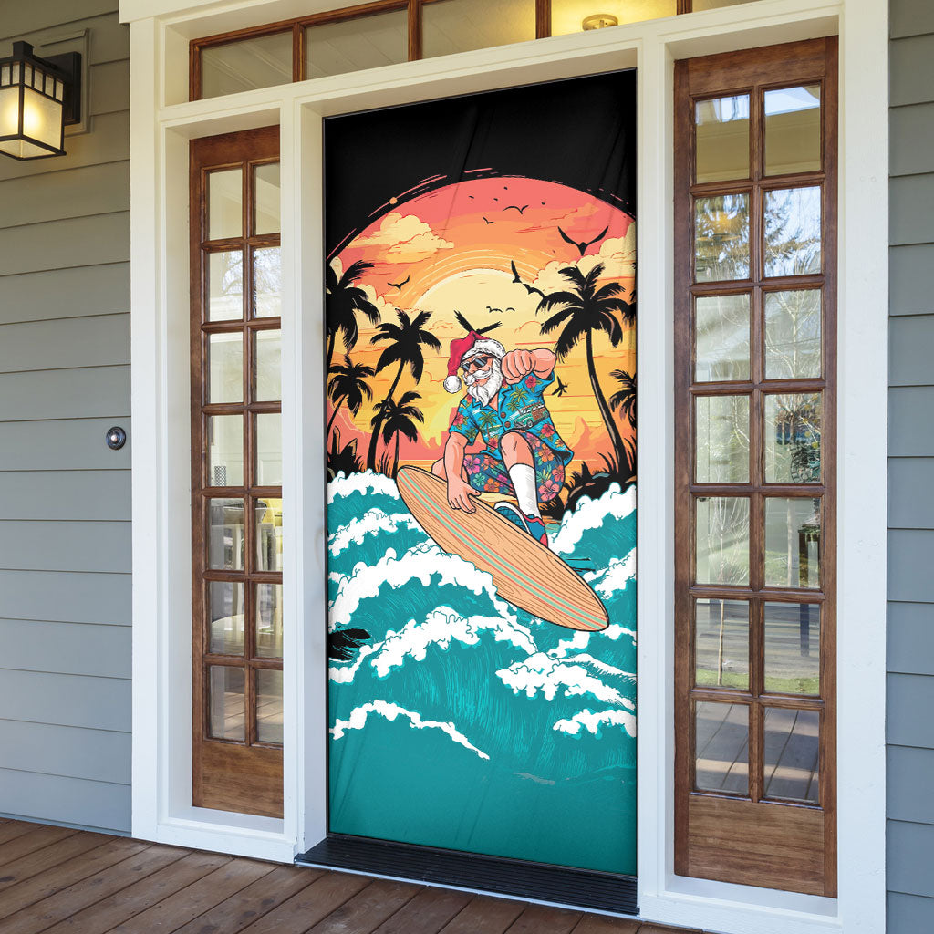 Vintage Santa Claus Surfing Summer Door Cover Mele Kalikimaka i Iulai!