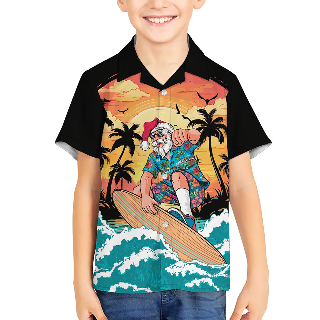 Vintage Santa Claus Surfing Summer Family Matching Mermaid Dress and Hawaiian Shirt Mele Kalikimaka i Iulai! LT9 Son's Shirt Black - Polynesian Pride