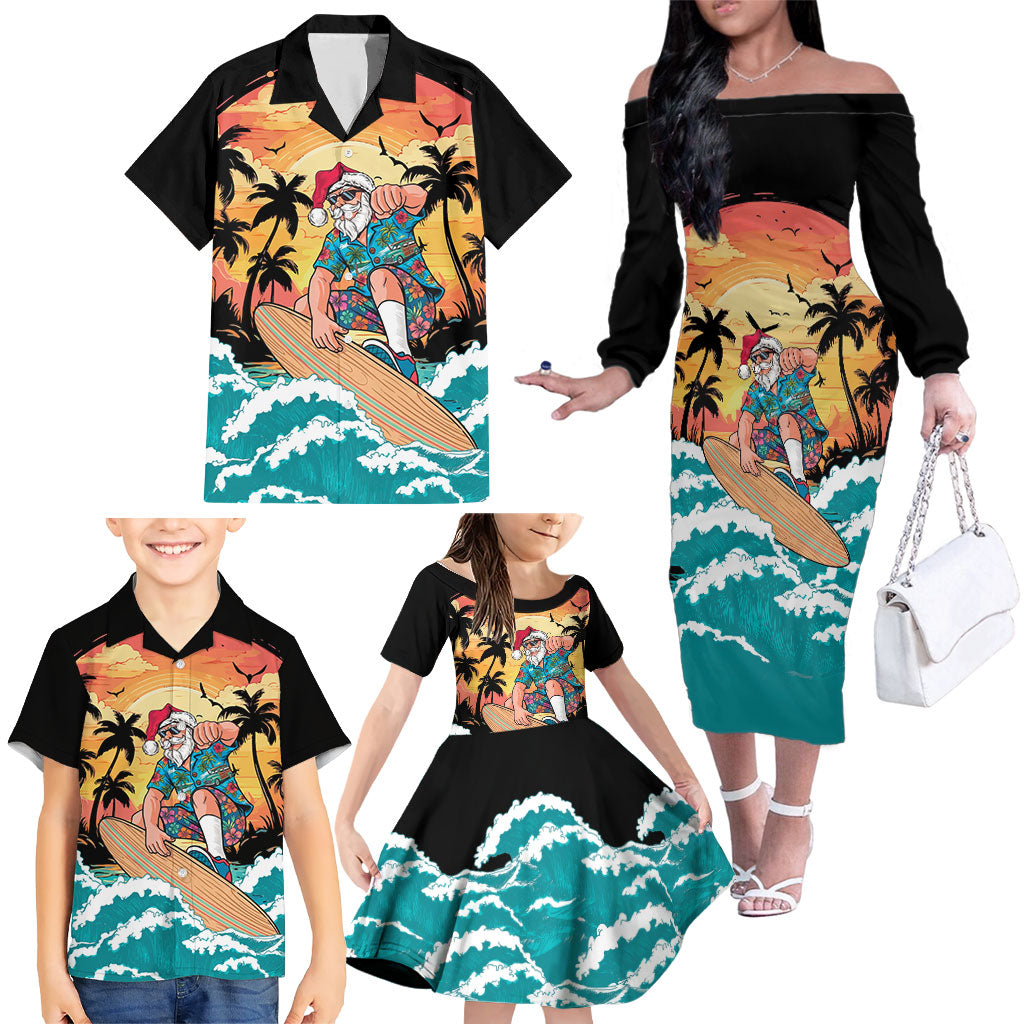 Vintage Santa Claus Surfing Summer Family Matching Off The Shoulder Long Sleeve Dress and Hawaiian Shirt Mele Kalikimaka i Iulai! LT9 - Polynesian Pride