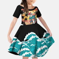 Vintage Santa Claus Surfing Summer Family Matching Off Shoulder Maxi Dress and Hawaiian Shirt Mele Kalikimaka i Iulai! LT9 Daughter's Dress Black - Polynesian Pride