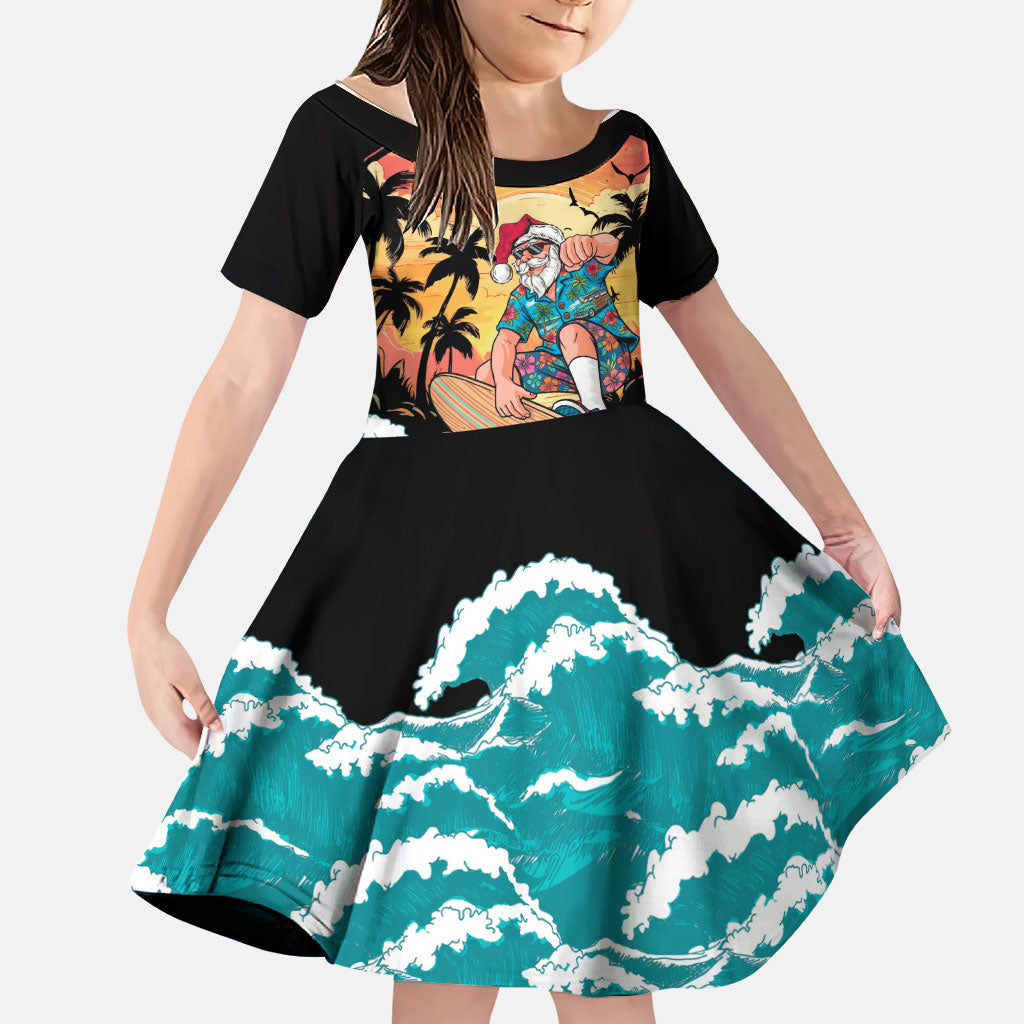 Vintage Santa Claus Surfing Summer Family Matching Puletasi and Hawaiian Shirt Mele Kalikimaka i Iulai! LT9 Daughter's Dress Black - Polynesian Pride