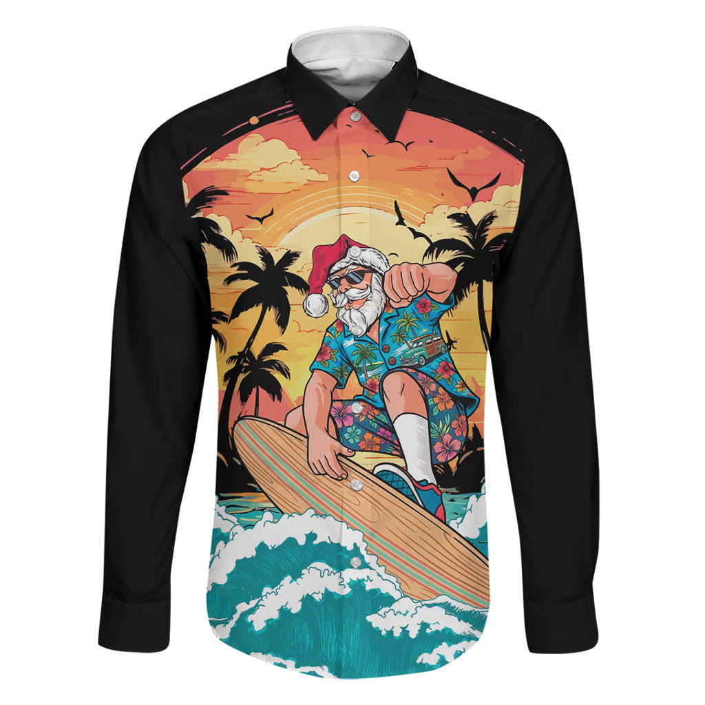 Vintage Santa Claus Surfing Summer Family Matching Puletasi and Hawaiian Shirt Mele Kalikimaka i Iulai! LT9 Dad's Shirt - Long Sleeve Black - Polynesian Pride