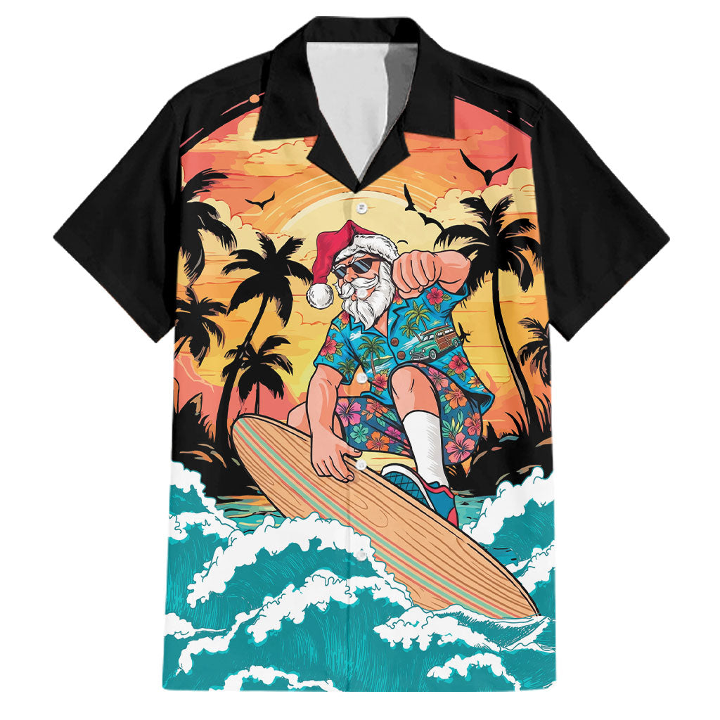 Vintage Santa Claus Surfing Summer Family Matching Tank Maxi Dress and Hawaiian Shirt Mele Kalikimaka i Iulai! LT9 Dad's Shirt - Short Sleeve Black - Polynesian Pride