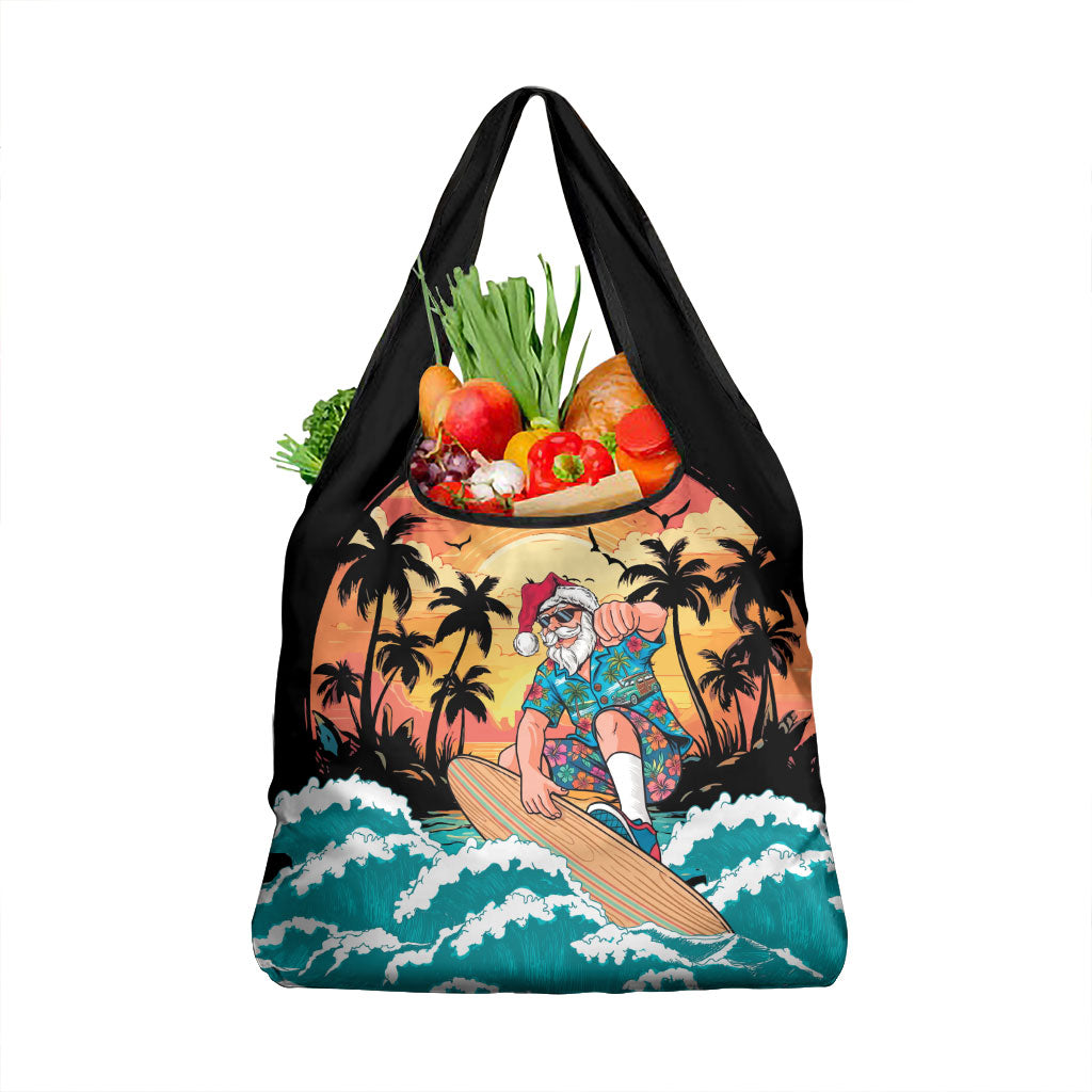 Vintage Santa Claus Surfing Summer Grocery Bag Mele Kalikimaka i Iulai! LT9 1-pack One Size Black - Polynesian Pride