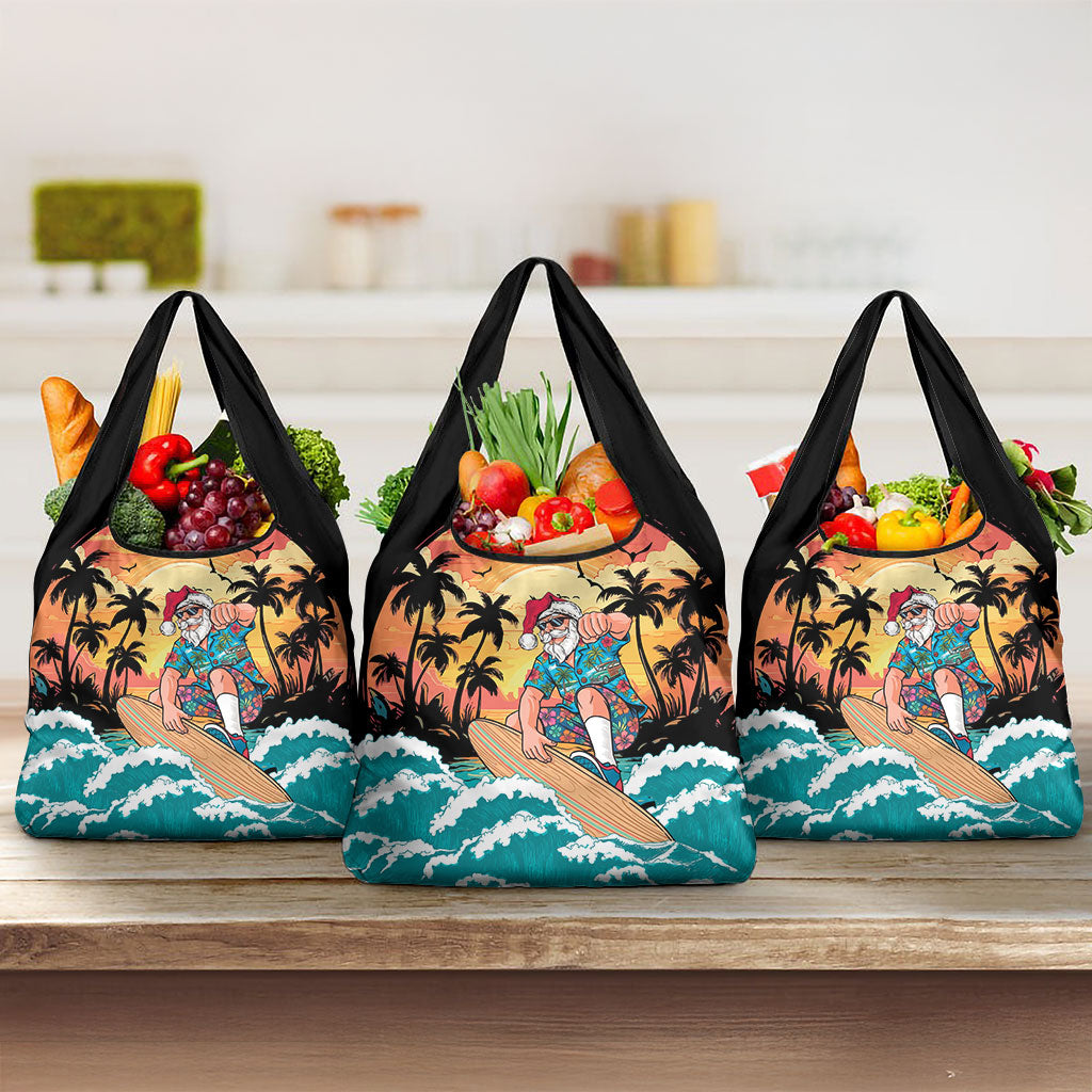 Vintage Santa Claus Surfing Summer Grocery Bag Mele Kalikimaka i Iulai! LT9 3-pack One Size Black - Polynesian Pride