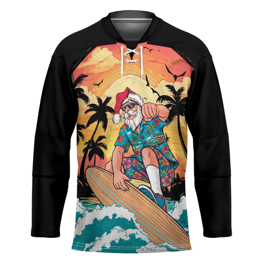 Vintage Santa Claus Surfing Summer Hockey Jersey Mele Kalikimaka i Iulai! LT9 Unisex Black - Polynesian Pride