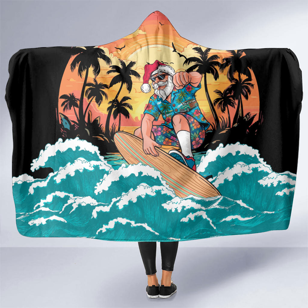Vintage Santa Claus Surfing Summer Hooded Blanket Mele Kalikimaka i Iulai! LT9 One Size Black - Polynesian Pride