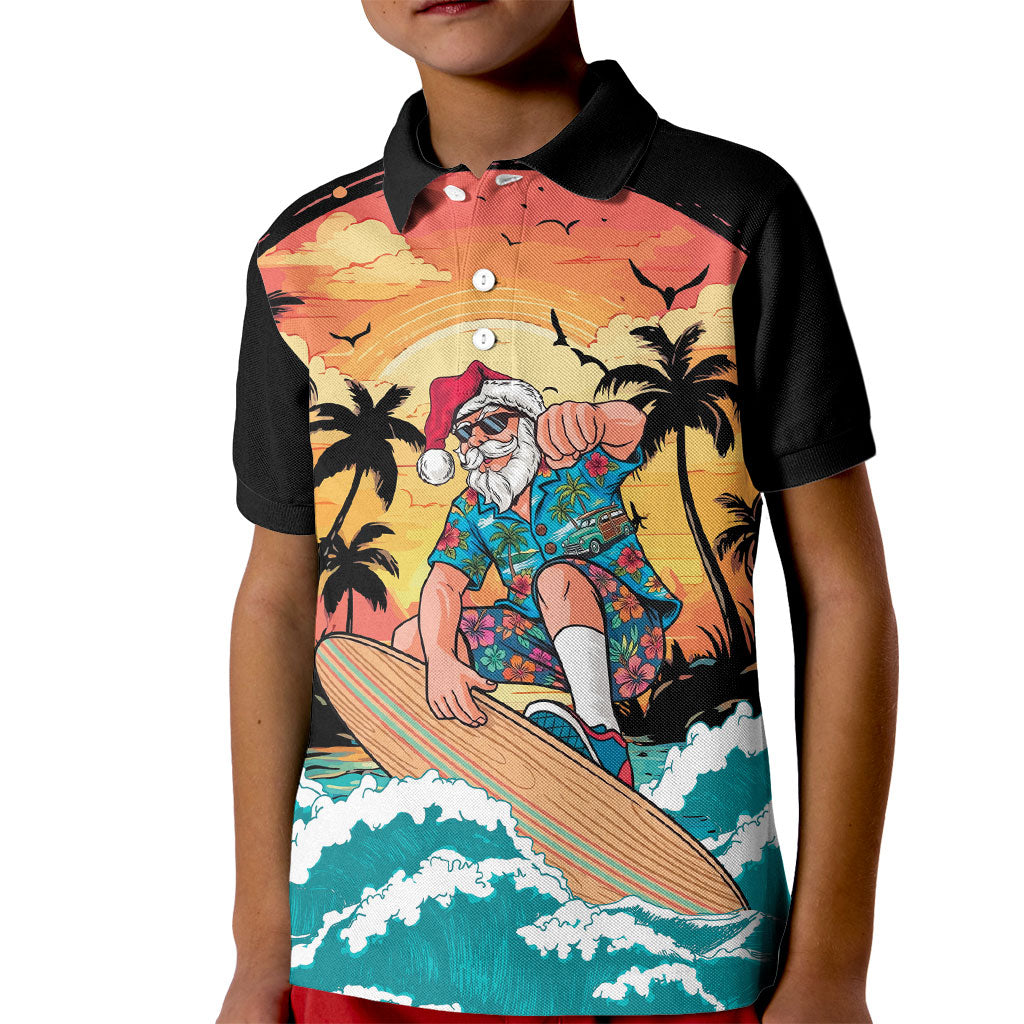 Vintage Santa Claus Surfing Summer Kid Polo Shirt Mele Kalikimaka i Iulai! LT9 Kid Black - Polynesian Pride