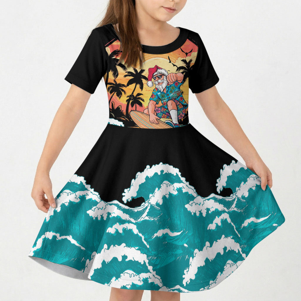 Vintage Santa Claus Surfing Summer Kid Short Sleeve Dress Mele Kalikimaka i Iulai! LT9 KID Black - Polynesian Pride