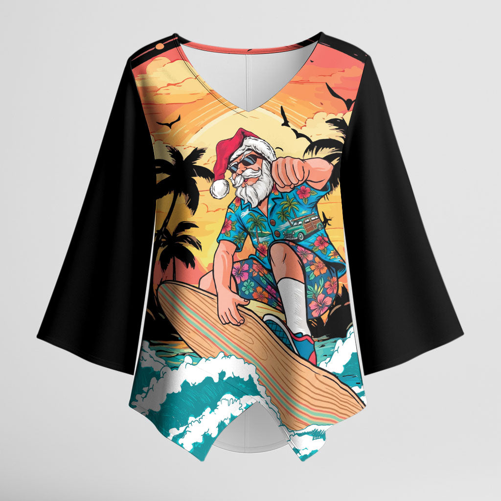 Vintage Santa Claus Surfing Summer Kimono Sleeve Blouse Mele Kalikimaka i Iulai! LT9 Female Black - Polynesian Pride