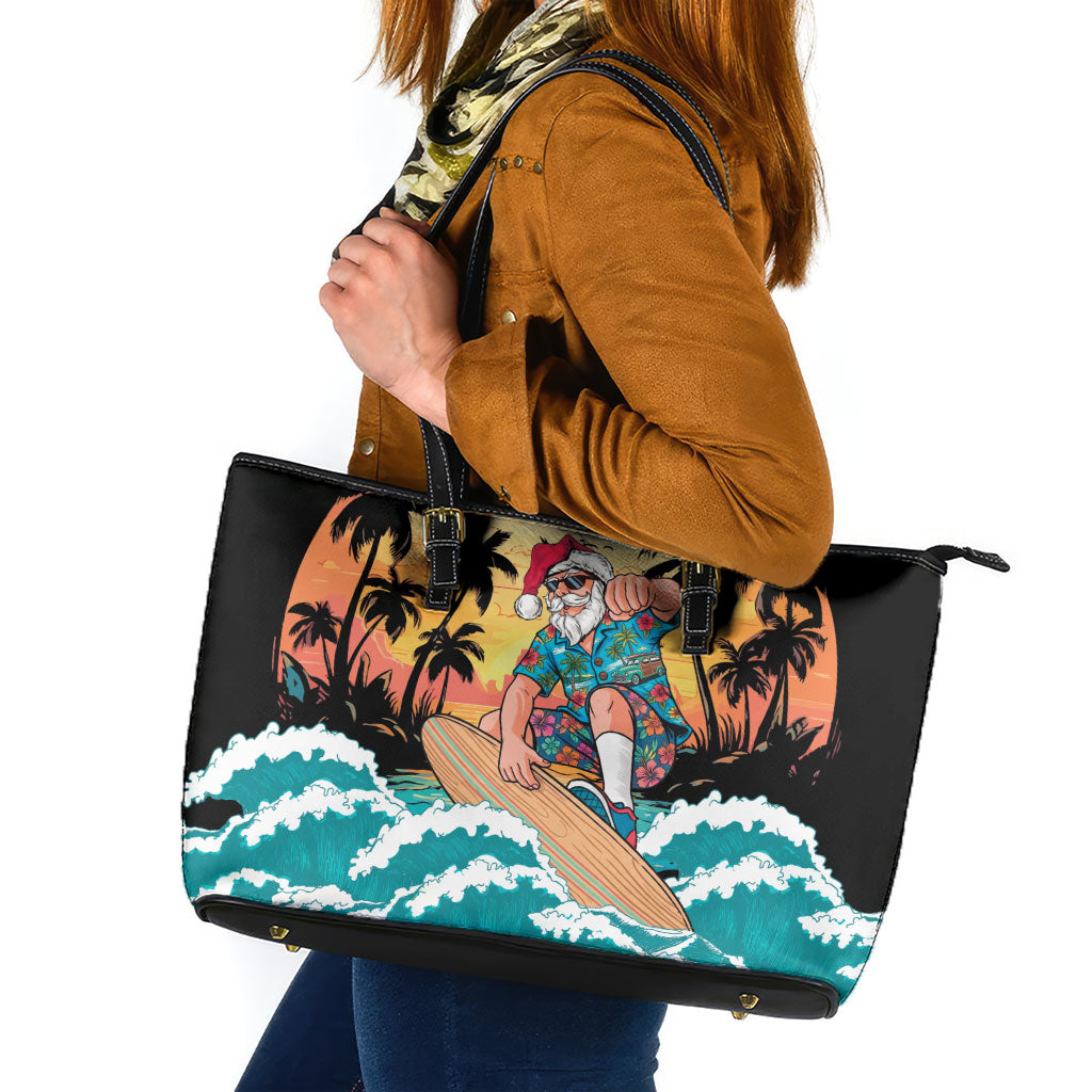 Vintage Santa Claus Surfing Summer Leather Tote Bag Mele Kalikimaka i Iulai! LT9 Black - Polynesian Pride