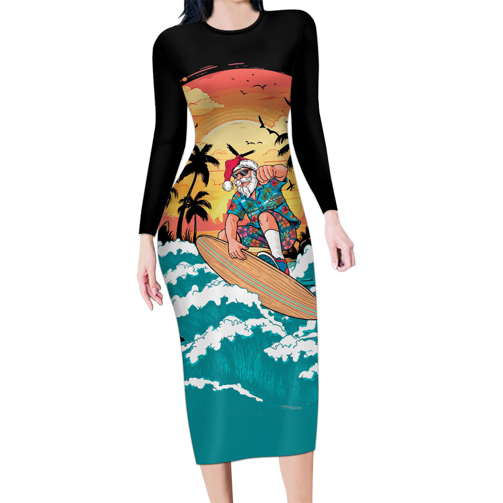 Vintage Santa Claus Surfing Summer Long Sleeve Bodycon Dress Mele Kalikimaka i Iulai! LT9 Long Dress Black - Polynesian Pride