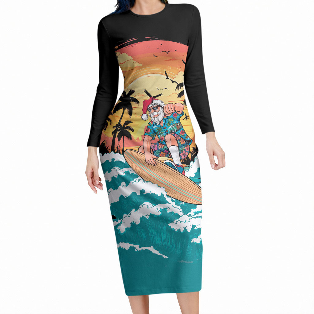 Vintage Santa Claus Surfing Summer Long Sleeve Bodycon Dress Mele Kalikimaka i Iulai! LT9 Long Dress Black - Polynesian Pride