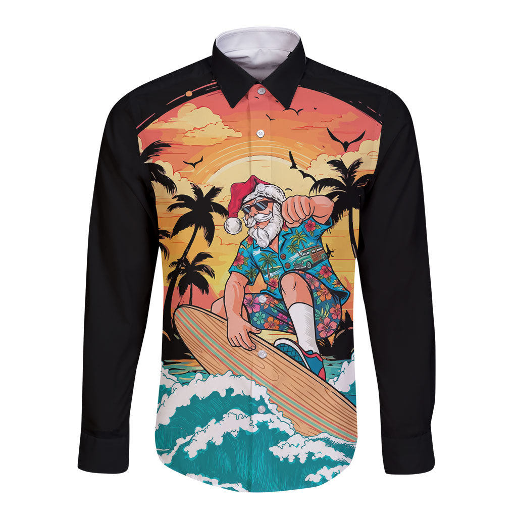 Vintage Santa Claus Surfing Summer Long Sleeve Button Shirt Mele Kalikimaka i Iulai! LT9 Unisex Black - Polynesian Pride
