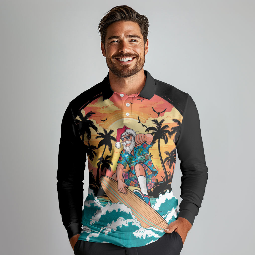 Vintage Santa Claus Surfing Summer Long Sleeve Polo Shirt Mele Kalikimaka i Iulai! LT9 - Polynesian Pride