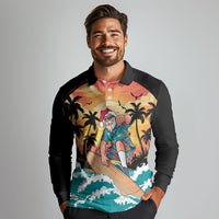 Vintage Santa Claus Surfing Summer Long Sleeve Polo Shirt Mele Kalikimaka i Iulai! LT9 - Polynesian Pride