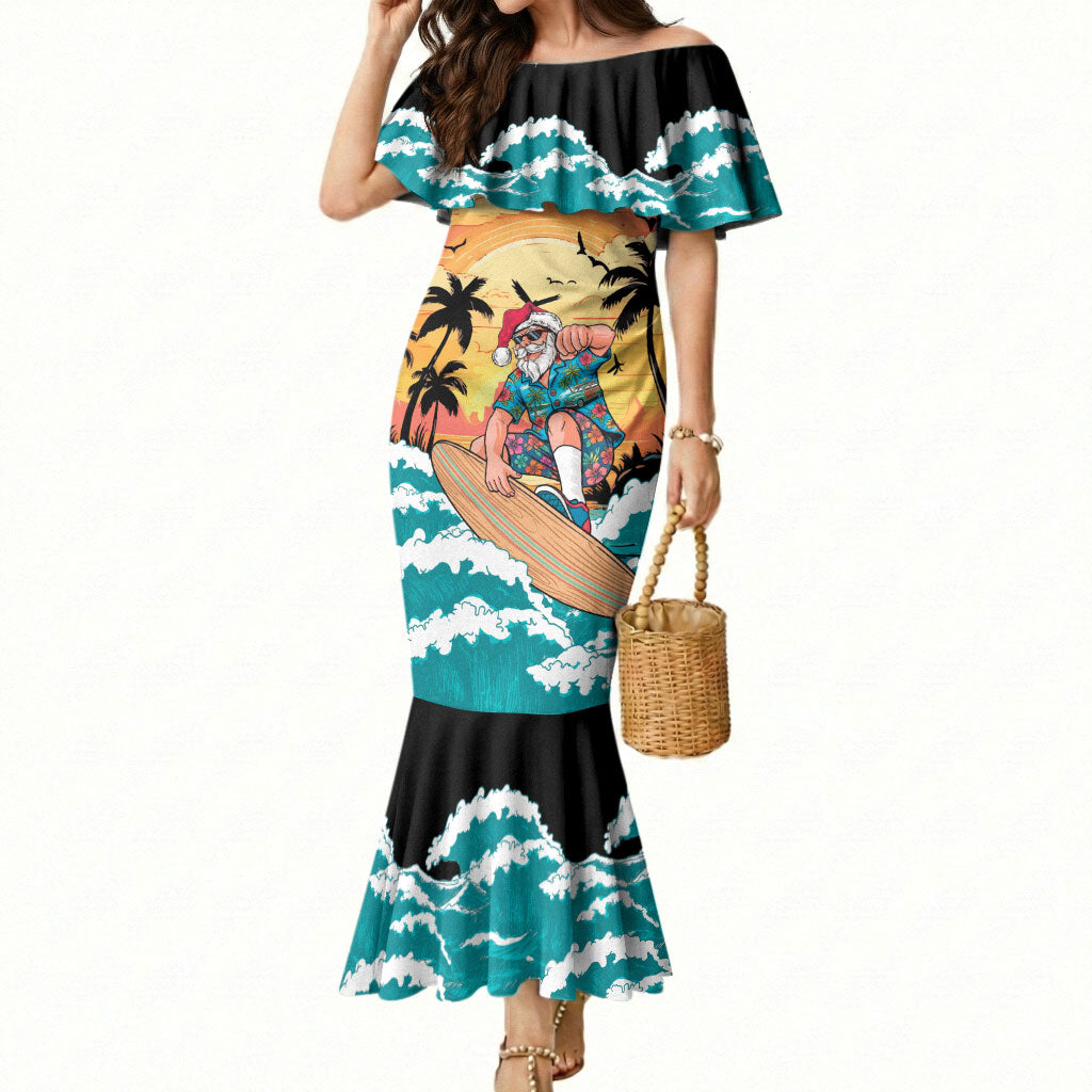 Vintage Santa Claus Surfing Summer Mermaid Dress Mele Kalikimaka i Iulai! LT9 Women Black - Polynesian Pride