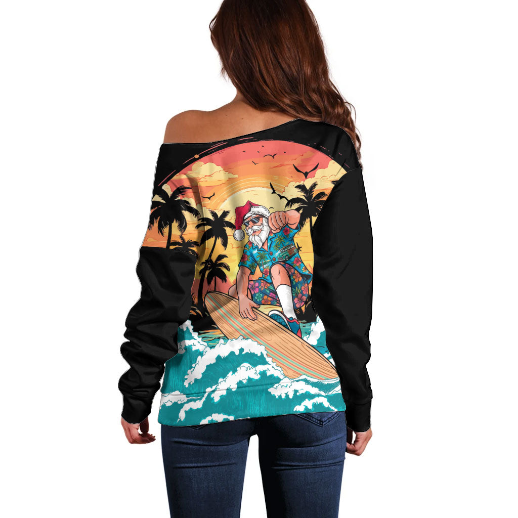 Vintage Santa Claus Surfing Summer Off Shoulder Sweater Mele Kalikimaka i Iulai!