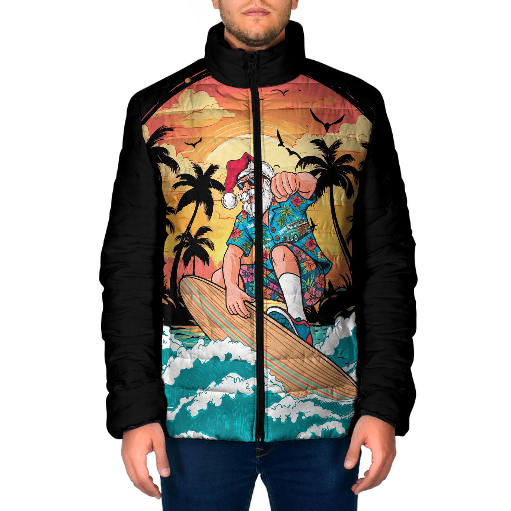 Vintage Santa Claus Surfing Summer Padded Jacket Mele Kalikimaka i Iulai! LT9 Men Black - Polynesian Pride