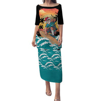 Vintage Santa Claus Surfing Summer Puletasi Mele Kalikimaka i Iulai! LT9 Long Dress Black - Polynesian Pride