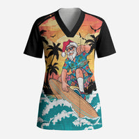 Vintage Santa Claus Surfing Summer Scrub Top Mele Kalikimaka i Iulai! LT9 Adult Black - Polynesian Pride