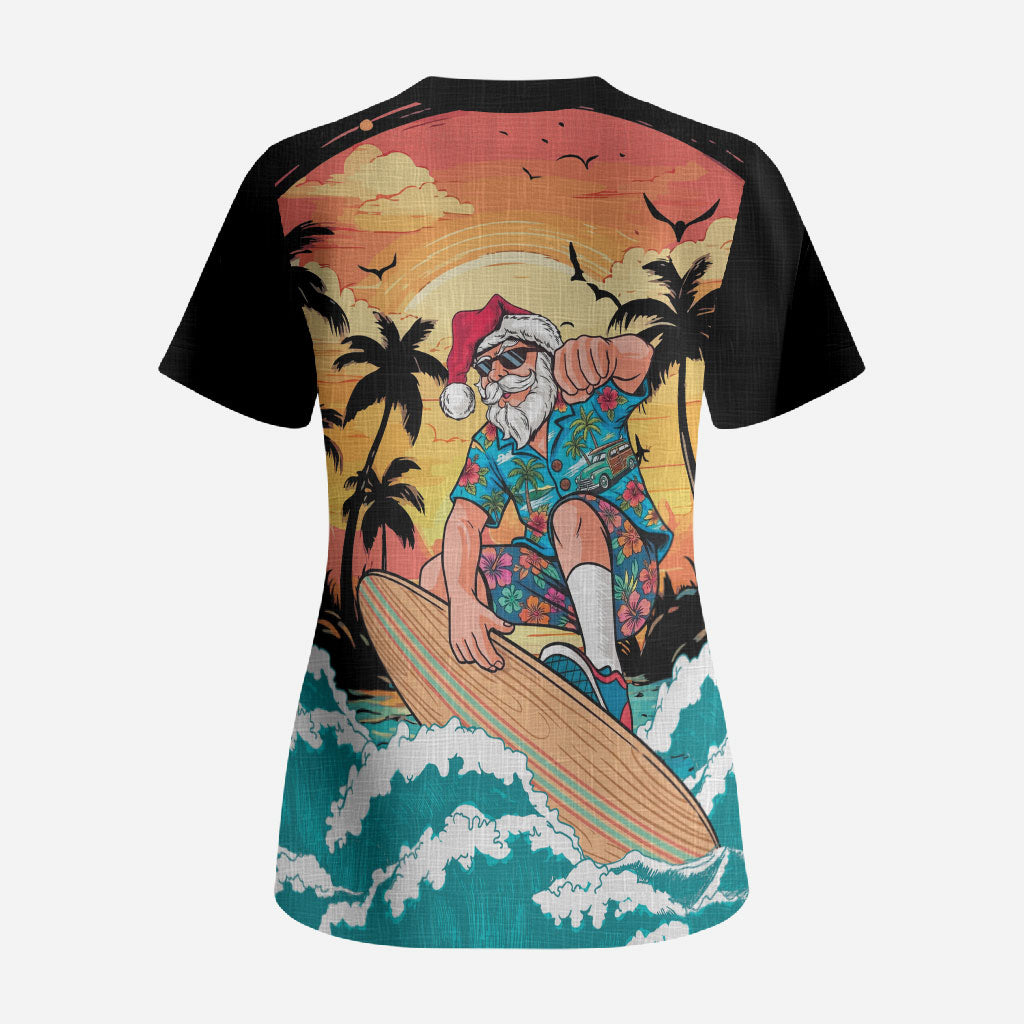 Vintage Santa Claus Surfing Summer Scrub Top Mele Kalikimaka i Iulai! LT9 - Polynesian Pride