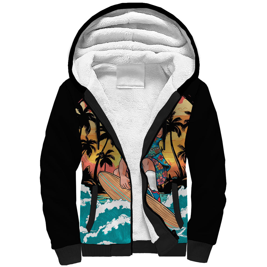 Vintage Santa Claus Surfing Summer Sherpa Hoodie Mele Kalikimaka i Iulai! LT9 Unisex Black - Polynesian Pride