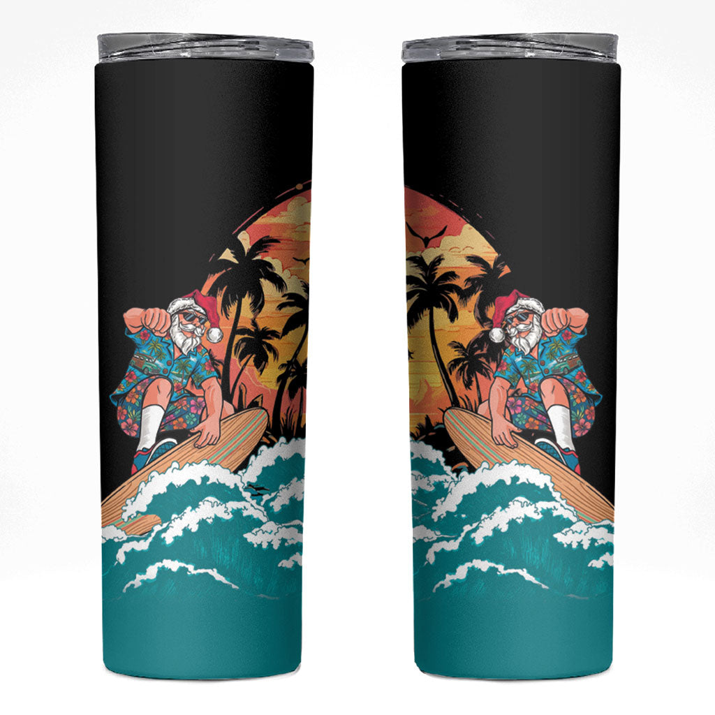 Vintage Santa Claus Surfing Summer Skinny Tumbler Mele Kalikimaka i Iulai! LT9 Black - Polynesian Pride