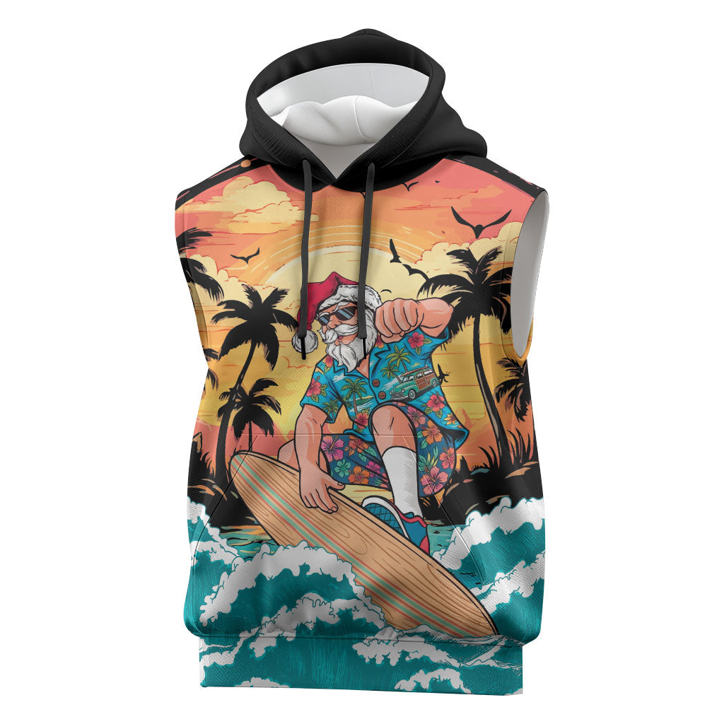 Vintage Santa Claus Surfing Summer Sleeveless Hoodie Mele Kalikimaka i Iulai! LT9 Black - Polynesian Pride