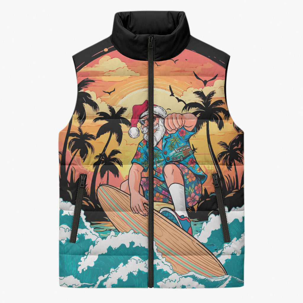 Vintage Santa Claus Surfing Summer Sleeveless Puffer Jacket Mele Kalikimaka i Iulai! LT9 Unisex Black - Polynesian Pride