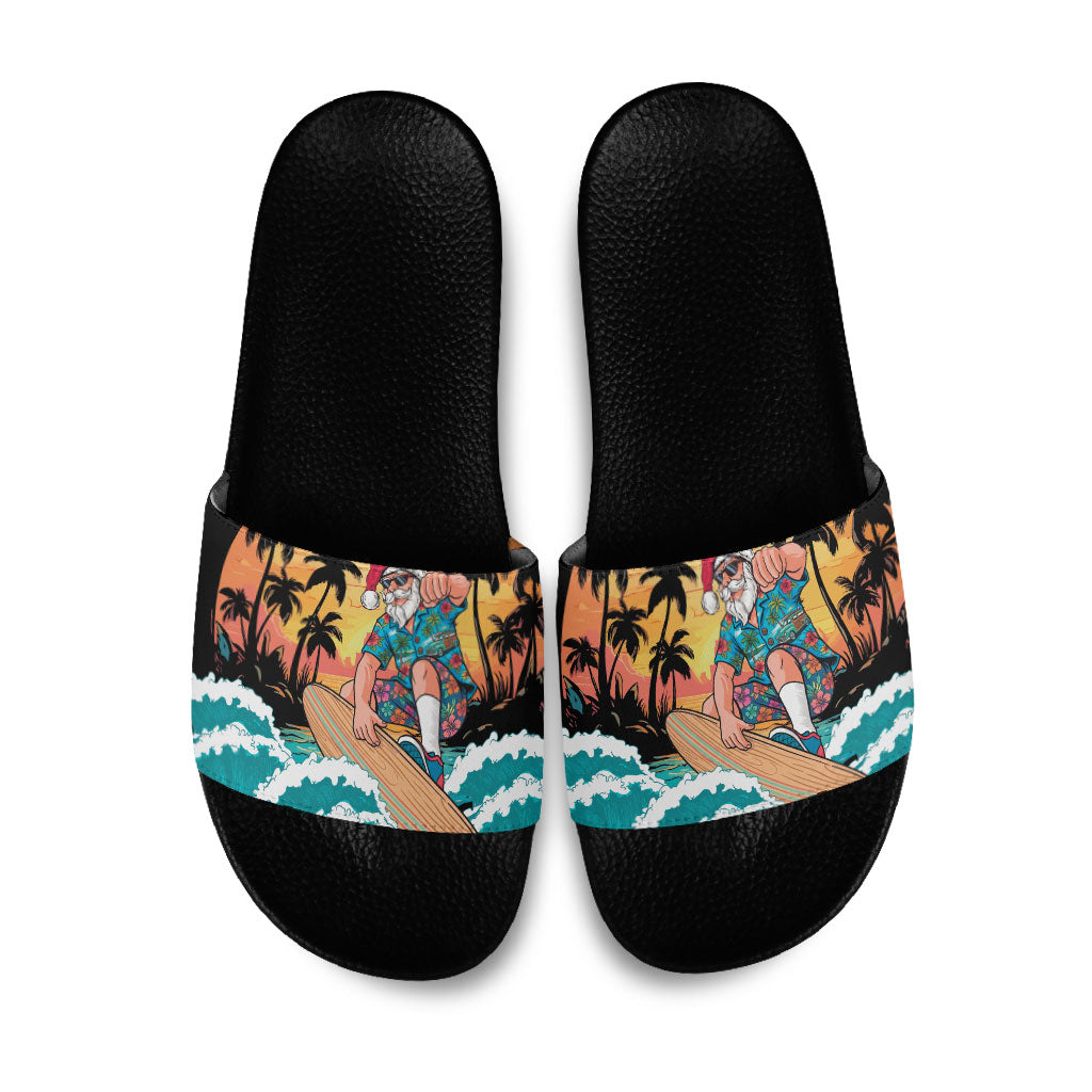 Vintage Santa Claus Surfing Summer Slide Sandals Mele Kalikimaka i Iulai! LT9 Black - Polynesian Pride