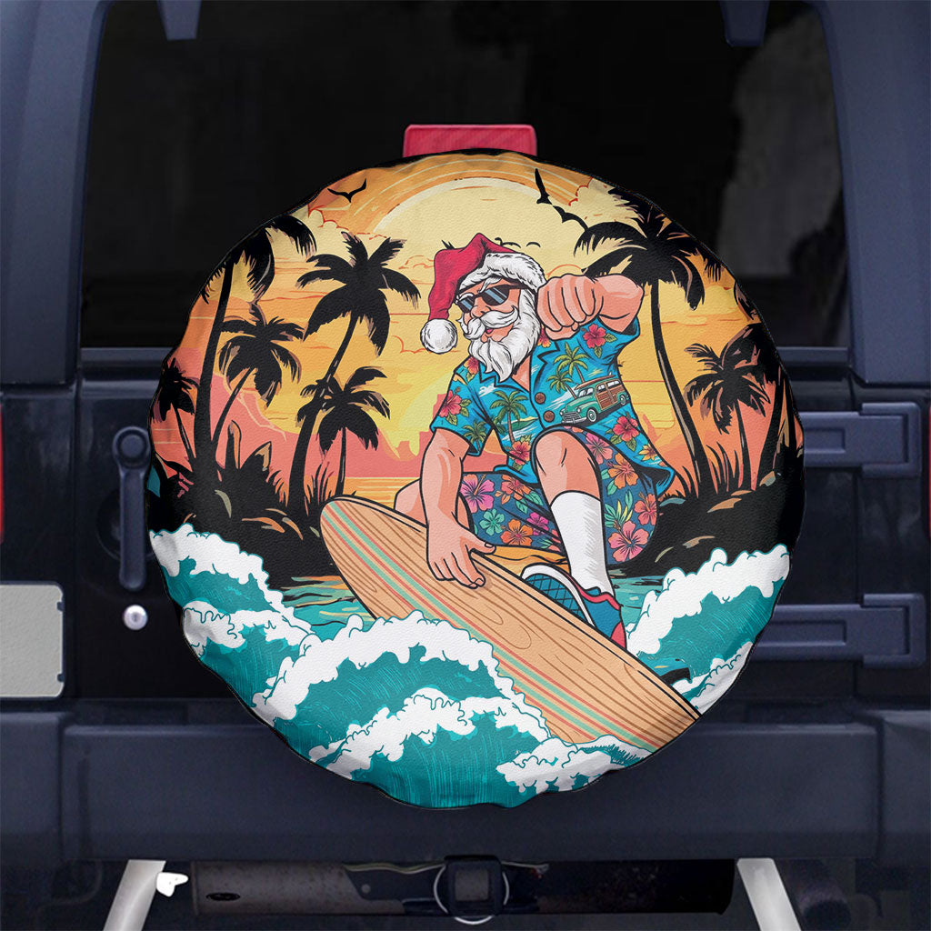 Vintage Santa Claus Surfing Summer Spare Tire Cover Mele Kalikimaka i Iulai! LT9 No hole Black - Polynesian Pride