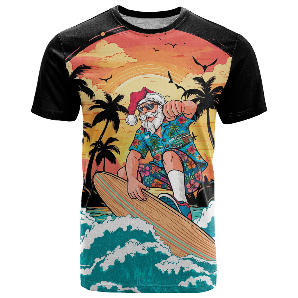 Vintage Santa Claus Surfing Summer T Shirt Mele Kalikimaka i Iulai! LT9 Black - Polynesian Pride