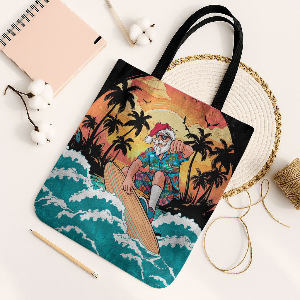 Vintage Santa Claus Surfing Summer Tote Bag Mele Kalikimaka i Iulai! LT9 Black Strap One Size Black - Polynesian Pride