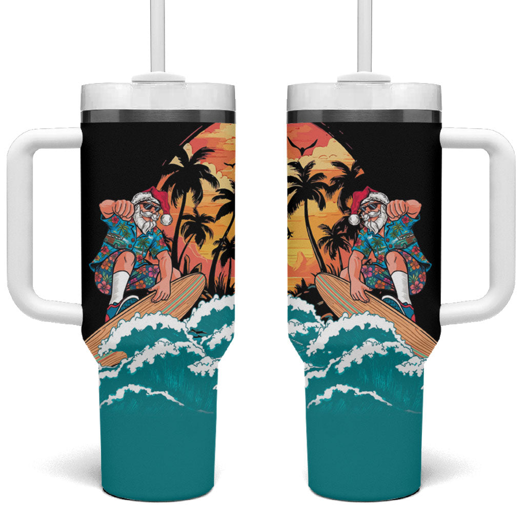 Vintage Santa Claus Surfing Summer Tumbler With Handle Mele Kalikimaka i Iulai! LT9 One Size: 40 oz Black - Polynesian Pride