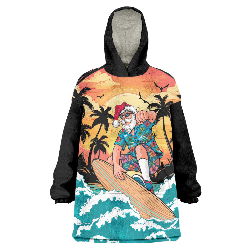 Vintage Santa Claus Surfing Summer Wearable Blanket Hoodie Mele Kalikimaka i Iulai! LT9 One Size Black - Polynesian Pride